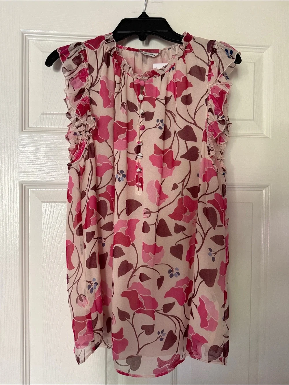 KATE SPADE Pink Floral Ruffle-Trim Silk Blouse NWT